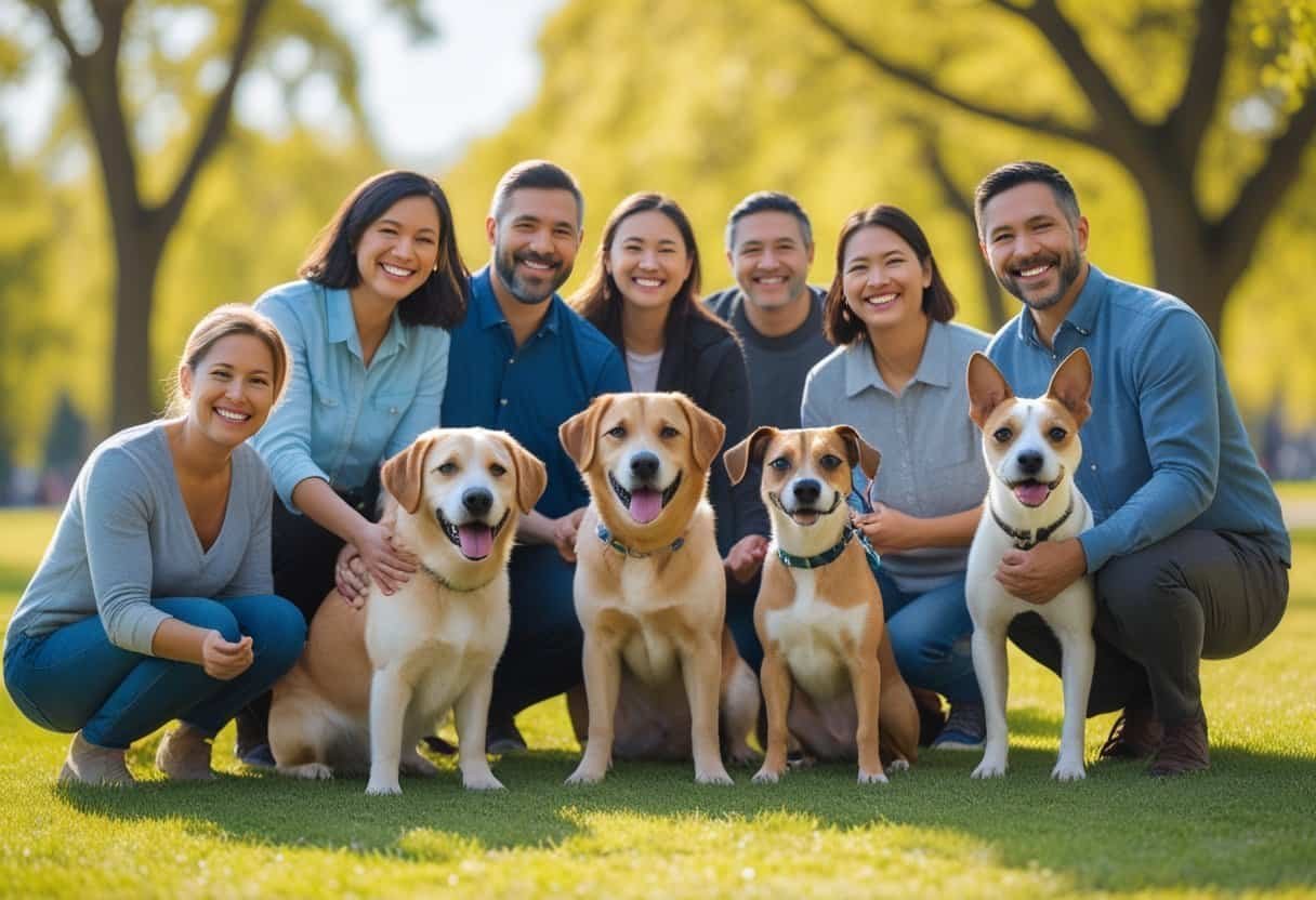 Happy people with a variety of healthy rescue dogs enjoying time together in a sunny park. Happy people with a variety of healthy rescue dogs enjoying time together in a sunny park.