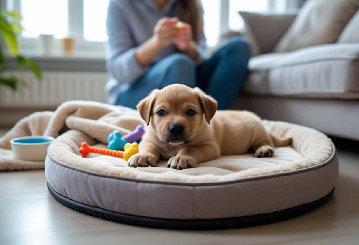 A relaxed puppy lying on a soft bed in a cozy living room with a person gently interacting nearby. A relaxed puppy lying on a soft bed in a cozy living room with a person gently interacting nearby.