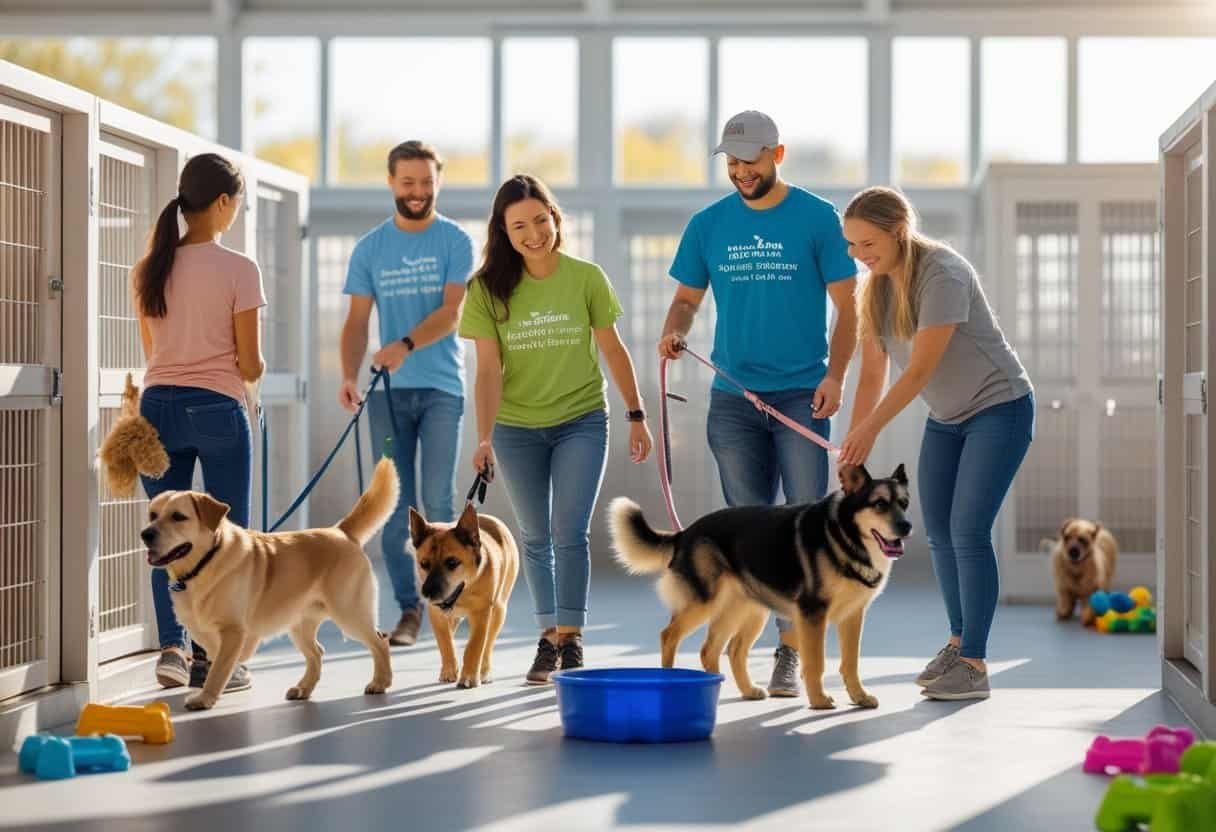 People volunteering at an animal rescue shelter, caring for and playing with several rescue dogs inside a bright room. People volunteering at an animal rescue shelter, caring for and playing with several rescue dogs inside a bright room.