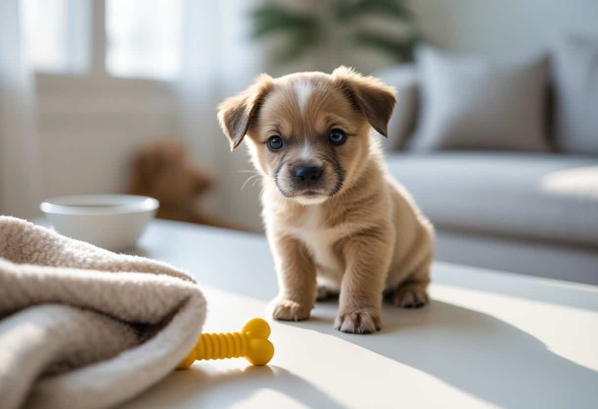 A cute puppy sitting indoors on a soft surface, looking attentively with toys and a water bowl nearby. A cute puppy sitting indoors on a soft surface, looking attentively with toys and a water bowl nearby.
