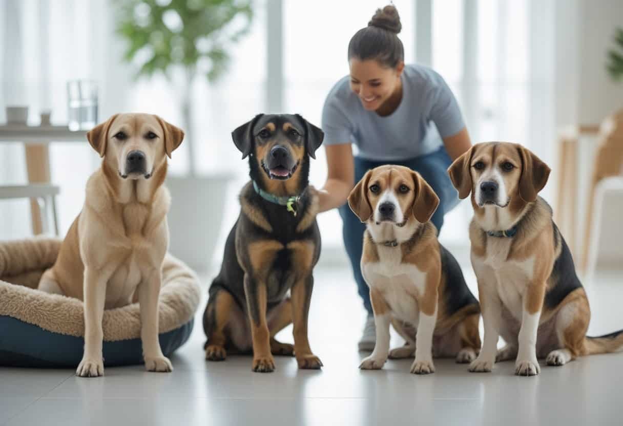 A group of different rescue dog breeds with a person gently interacting with them in a bright indoor setting. A group of different rescue dog breeds with a person gently interacting with them in a bright indoor setting.